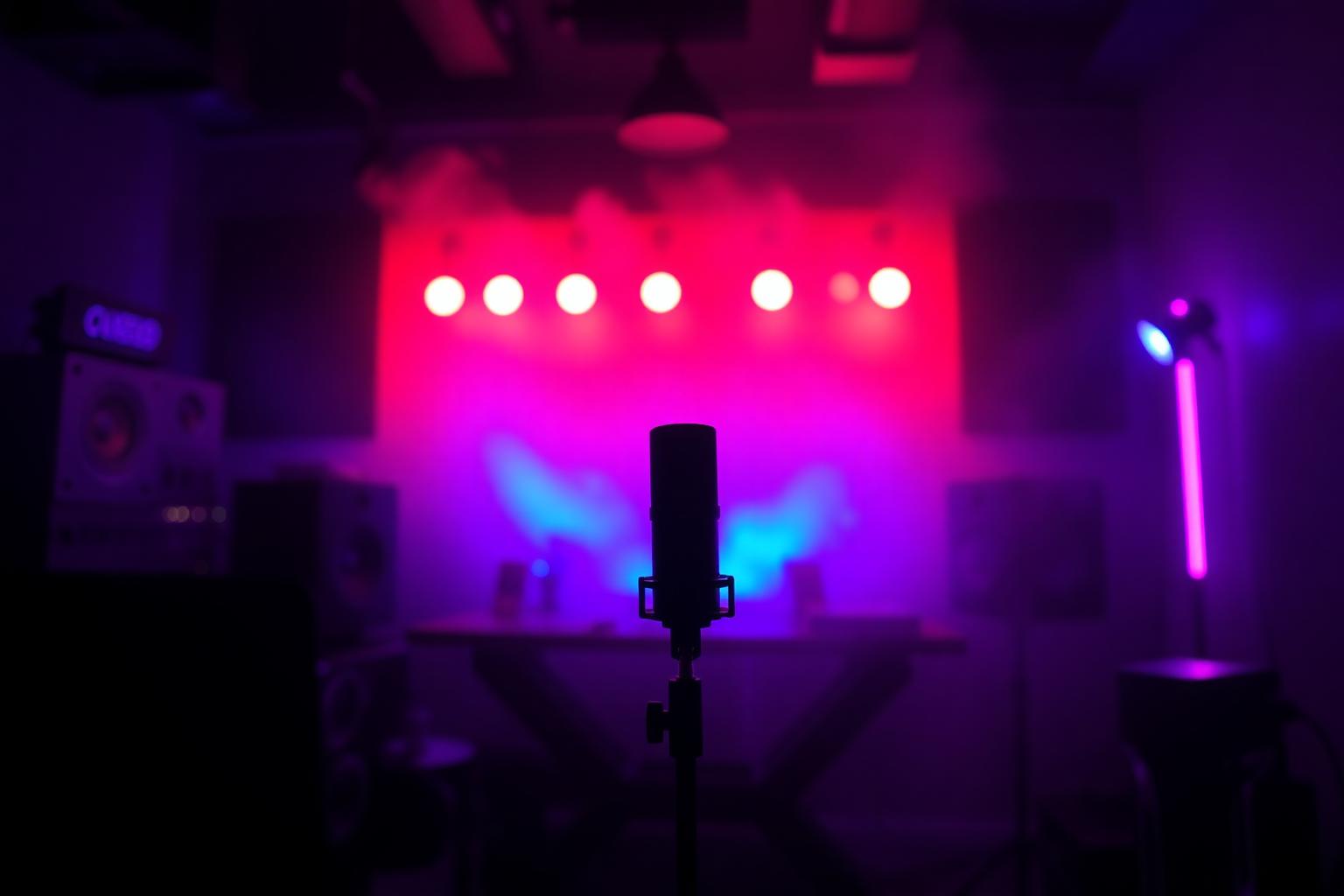 Neon-lit recording studio with microphone